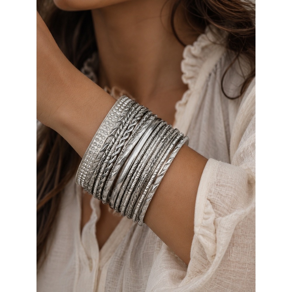 Silver Bangle Bracelet Set Stackable Bangles Vintage Silver Bracelets Lot of 20